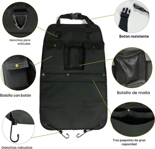 Vista 3 de Organizador de respaldo de asiento de coche negro con múltiples bolsillos y ganchos