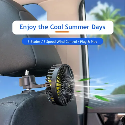 Vista 6 de Ventilador de coche alimentado por USB, ventilador portátil de refrigeración de coche de 3 velocidades, viento fuerte, ventilador de circulación