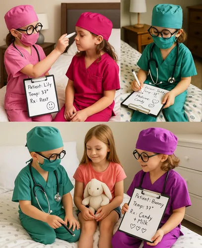 Vista 2 de Disfraz de médico para niños y niños pequeños, juego de 9 piezas para niños y niñas de 3 a 12 años, Halloween, día de la carrera, juego de disfraces