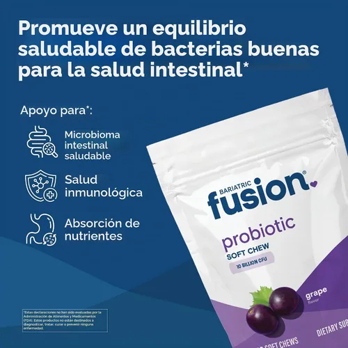 Vista 2 de Bariatric Fusion Masticables blandos probióticos Vitamina bariátrica masticable con sabor a uva 10 mil millones de UFC Bacillus coagulans