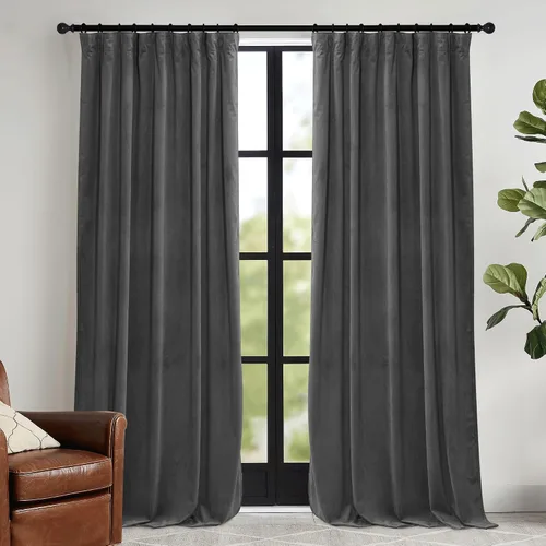 Vista 26 de RYB HOME Cortinas elegantes de terciopelo verde de 63 pulgadas de largo, bloqueo de luz, aislamiento térmico, elegantes cortinas de terciopelo