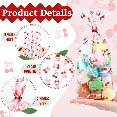 Vista 3 de Yexiya - 100 bolsas de celofán de cereza, lazos rosados, bolsa de regalo