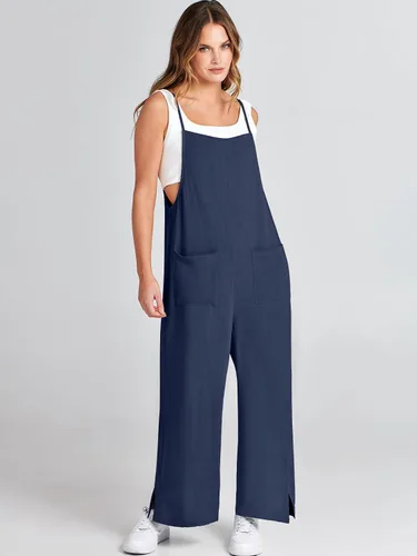 Vista 8 de ANRABESS Overol de lino con bolsillos para mujer, estilo casual, suelto, largo, con pierna ancha