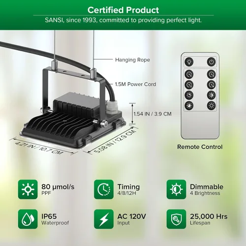 Vista 4 de SANSI Luz LED de crecimiento regulable, 3000K 5000K 660nm 730nm espectro completo 45W (equivalente a 340W) con control remoto, temporizador
