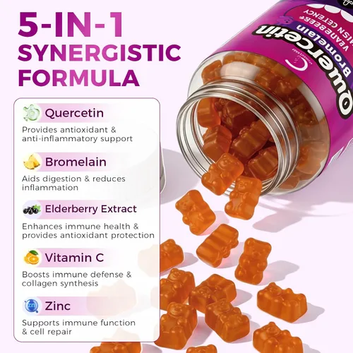 Vista 3 de Gomitas de quercetina, quercetina con bromelina, vitamina C, zinc y saúco, apoyo inmunológico de alta potencia, salud respiratoria y suplemento
