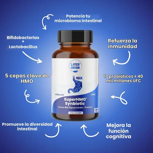 Vista 2 de SuperHMO: Cápsulas Sinbióticas con 5 Prebióticos HMO y 40 mil millones de probióticos CFU - Bifidobacterias y Lactobacillus, 60