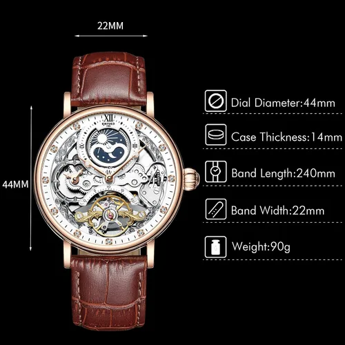Vista 7 de RORIOS Reloj mecánico de fase lunar para hombre, con correa de cuero, automático de cuerda automática, Tourbillon, reloj de vestir de negocios