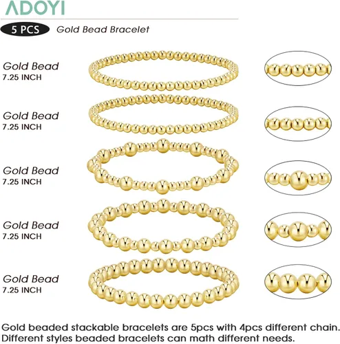Vista 5 de adoyi - Pulseras de oro para mujer, impermeables, con cuentas de bolas chapadas en oro de 14K, pulseras ajustables apilables para regalos