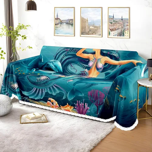 Vista 3 de Funda de sofá de delfines de sirena de fantasía, fundas de sofá estampadas, fundas para sillón, funda resistente a las manchas, protector universal