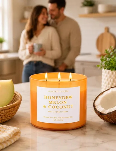 Vista 3 de Honeydew - Vela perfumada de soja grande de 3 mechas de melón y coco para el hogar, 15.8 onzas Fresh Melon Home Fragrance, Juicy And Creamy Scent