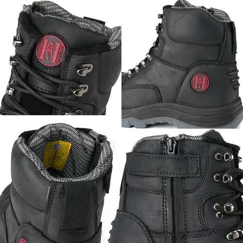 Vista 4 de Botas de trabajo para hombre, puntera compuesta, cremallera YKK, 6 pulgadas, antideslizantes, de seguridad, de cuero de caballo loco, disipación