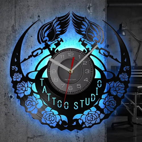 Vista 4 de Reloj de pared de disco de vinilo de tatuaje, 7 LED de retroiluminación de Con LED