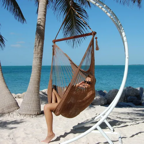 Vista 6 de Larga silla hamaca grande caribeña con reposapiés, 48 pulgadas, poliéster, silla de colgar., Mocha