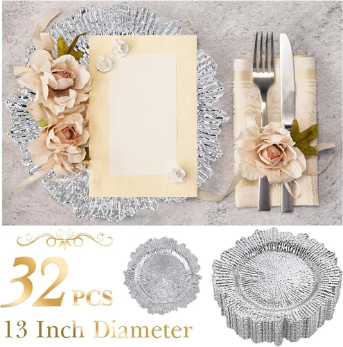 Vista 2 de Juego de 32 bajoplatos Reef para mesa de cena, bandeja de servicio, bajoplatos florales de plástico decorativos para decoración de mesa, para bodas