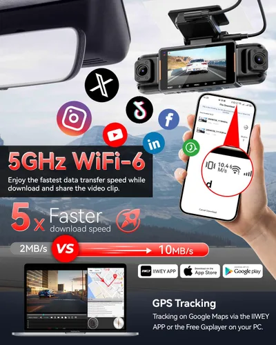 Vista 5 de Cámara de tablero N5 PRO 4K de 4 canales, vista panorámica de 360°, trasera e interior de 1080P, WiFi 5G 6 - hasta 10MB/s, GPS integrado, visión