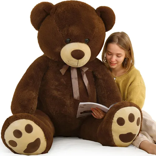 Vista 9 de Tezituor Oso de peluche gigante de 5 pies, suave y tierno oso marrón claro con patas grandes y pajarita, para novia o día de San Valentín