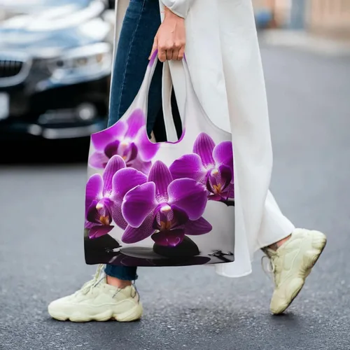 Vista 7 de Bolsas de lona con estampado de orquídeas y mariposas moradas, bolsa de playa grande, bolsa de lona para el hombro, bolsas de compras reutilizables