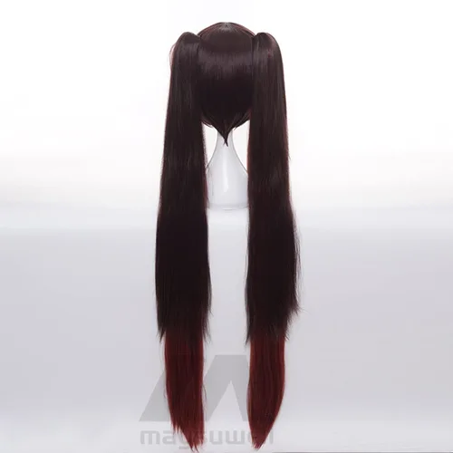 Vista 4 de Genshin Impact Hutao Peluca de pelo largo castaño degradado con gorra de peluca gratis para Comic Con, espectáculo de cosplay, Halloween