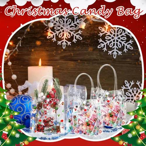 Vista 4 de Silkfly 50 bolsas de regalo transparentes de Navidad con asa, de plástico, reutilizables, de PVC, para compras, bodas, fiestas de cumpleaños