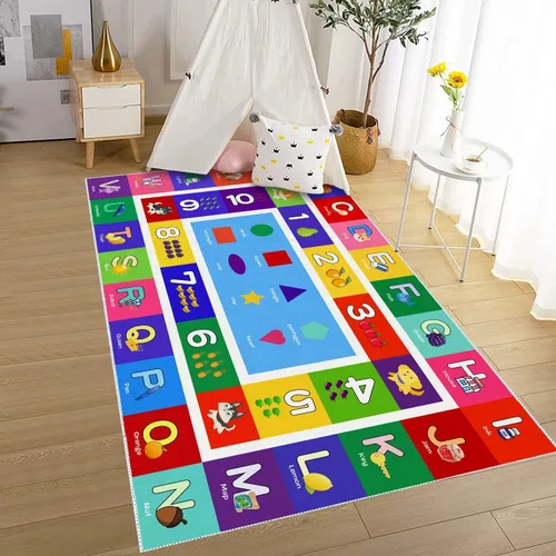 Vista 10 de ABC - Alfombra de juego para niños, con forma del alfabeto, con números del alfabeto, alfombra de área educativa de aprendizaje de frutas, grande