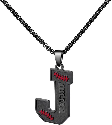 Vista 55 de Ldurian Collar personalizado con nombre de béisbol, cadena negra de acero inoxidable, collar con nombre deportivo, letra A-Z de 24 pulgadas, regalos