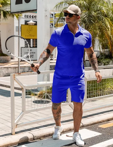 Vista 2 de URRU Conjunto de camisa polo y pantalones cortos para hombre trajes de verano a la moda casual manga corta traje polo para hombre 2 piezas