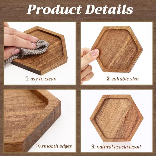 Vista 3 de Zhehao 16 posavasos de madera de acacia de 4 pulgadas a granel, hexagonal