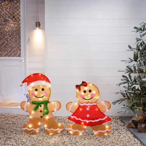 Vista 6 de Dazzle Bright Decoración navideña para exteriores, 2 piezas de hombre de jengibre 2D iluminado con 50 L, 23 pulgadas, hombre de jengibre iluminado