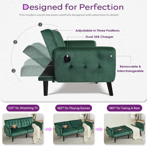 Vista 4 de TYBOATLE Sofá Cama Futón Plegable Convertible Moderno de Terciopelo de 65" de Ancho con 2 Puertos de Carga USB y Brazos, Sofá de Dos Plazas