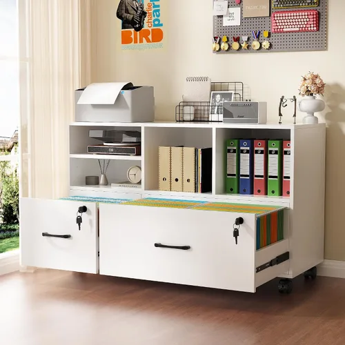 Vista 11 de Semoic Archivador de 2 cajones con cerradura, archivador lateral móvil para tamaño carta/legal/A4, estante ajustable de almacenamiento abierto