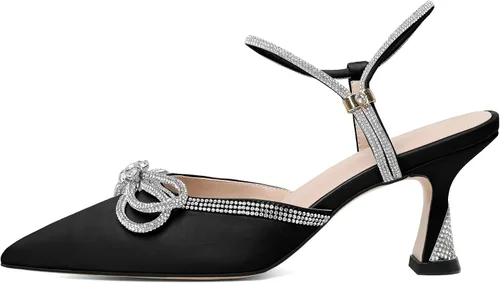 Vista 2 de Joseywade Tacones de lazo con diamantes de imitación para mujer, tacón bajo puntiagudo, correa de tobillo ajustable, zapatos de fiesta nupcial