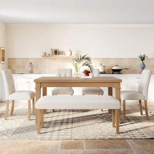Vista 3 de P PURLOVE Juego de mesa de comedor de 6 piezas, mesa de cocina rectangular de madera con 4 sillas tapizadas, 1 banco para comedor y sala de estar