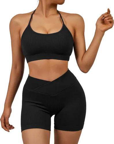 Vista 3 de OMKAGI Conjuntos de entrenamiento para mujer, sin costuras, brasier deportivo, levantamiento de glúteos, pantalones cortos de entrenamiento