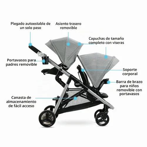 Vista 6 de Graco Ready2Grow LX 2.0 - Cochecito doble con opciones de asiento de banco y plataforma de pie, Clark
