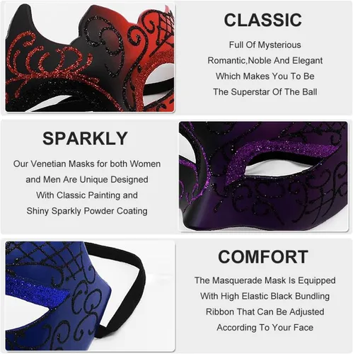 Vista 3 de Máscara veneciana para hombres y parejas, máscara veneciana para Halloween, Mardi Gras, fiesta, baile de graduación