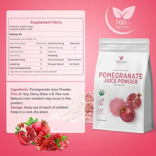 Vista 2 de VELOTO - Jugo de granada orgánico en polvo, 1 libra, liofilizado, antioxidante, sin azúcar añadido, sin azúcar, sin OMG, vegano, para batidos, jugos