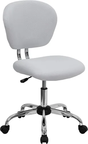 Vista 3 de EMMA + OLIVER Silla de oficina giratoria de malla blanca con respaldo medio con base cromada Blanco
