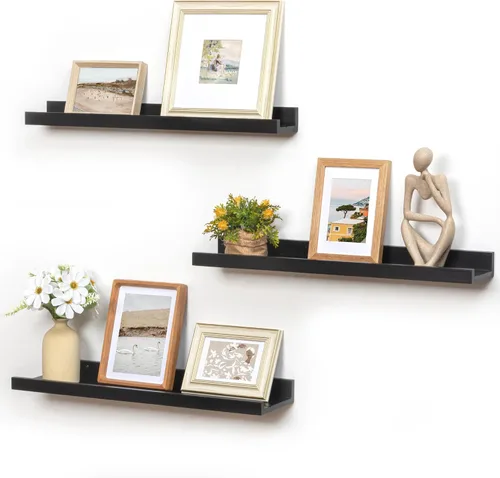 Vista 32 de FLYJOE Estante de repisa de fotos para pared, 24 pulgadas de madera de fresno maciza, estantes para libros de guardería, estantes flotantes