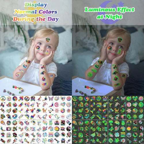 Vista 7 de 96 tatuajes temporales luminosos precortados que brillan en la oscuridad de los años 90 y 80 para niños, recuerdos de fiesta de cumpleaños temáticos
