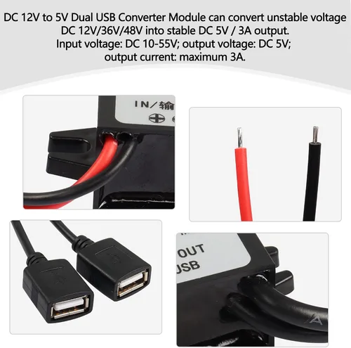 Vista 3 de MEIRIYFA Convertidor USB de 12 V a 5 V Módulo DC Buck 12V 36V 48V Convertir a 5V Dual USB Hembra 10-55V a 5V 3A 15W Adaptador DC a DC Regulador