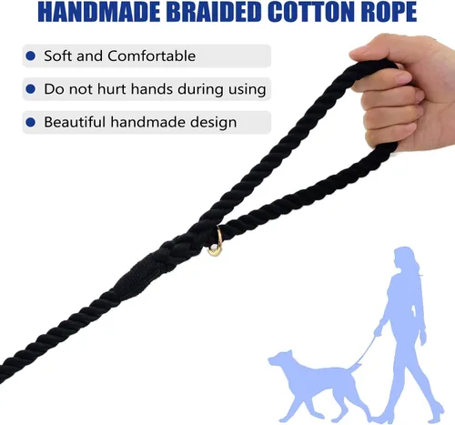 Vista 3 de LWBMG Correa de perro de 5 pies hecha a mano con cuerda de algodón trenzada para perros pequeños, medianos y grandes, color negro