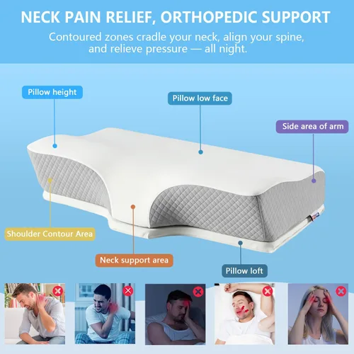 Vista 3 de Ergo - Almohada cervical cervical para el dolor de cuello, apnea del sueño y alivio de ronquidos, almohada para dormir de lado – Espuma