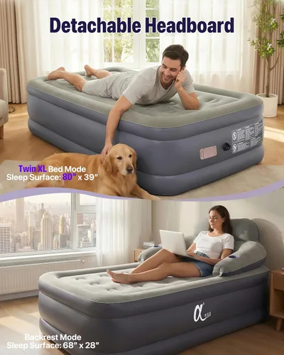 Vista 8 de A-ER-FA - Colchón de aire individual integrado de 20 pulgadas, colchón inflable elevado cómodo con cabecera y portavasos, cama de aire de inflado