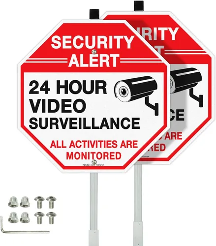 Vista 7 de Faittoo Letrero de seguridad para videovigilancia con estaca de 36 pulgadas para exterior, aluminio pesado libre de óxido, reflectante, resistente a
