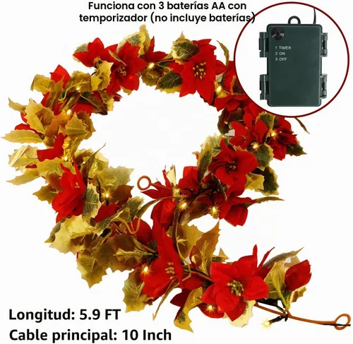 Vista 3 de Glintoper Paquete de 2 Guirnaldas de Flor de Pascua Navideña, 5.9 pies Guirnaldas Artificiales Iluminadas con 36 Flores Rojas, Funciona