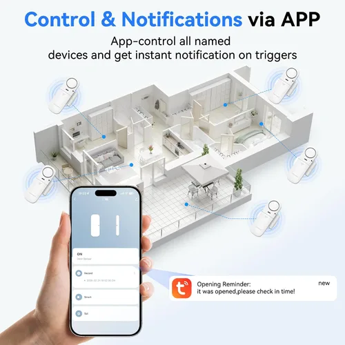Vista 2 de TECKNET Alarmas de puerta cuando se abre, alarma con sensor de puerta inteligente WiFi de 2.4 G y timbre, alertas de aplicación, alarmas de puerta