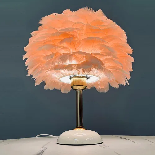 Vista 6 de Meefad Lámpara de noche de plumas, luz nocturna LED moderna con base de cerámica, lámpara de mesa rosa para dormitorio