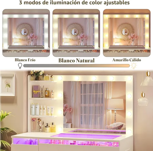 Vista 11 de Escritorio de tocador con espejo iluminado y parte superior transparente, escritorio de tocador de maquillaje con 4 cajones transparentes e