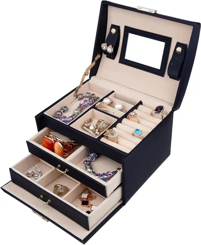 Vista 2 de Caja de joyas de piel Goldwheat con cerradura y espejo. Excelente regalo para mujeres., Cuero sintético, Negro, M