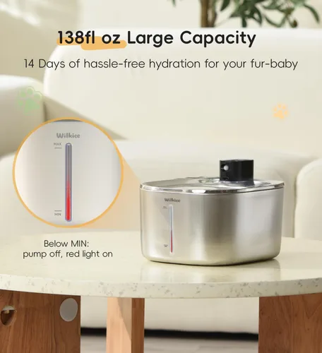 Vista 8 de Fuente de agua para gatos de acero inoxidable, fuente para gatos de 4.1 L, dispensador de agua inalámbrico para gatos y perros en interiores